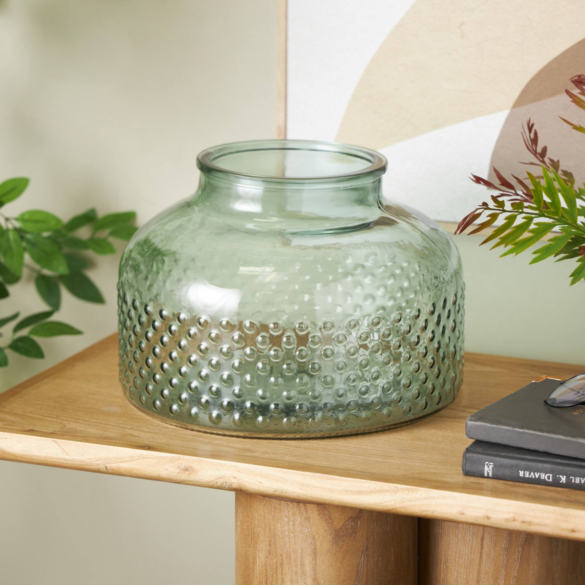 12.25" Green Glass Wide Spotted Decorative Vase